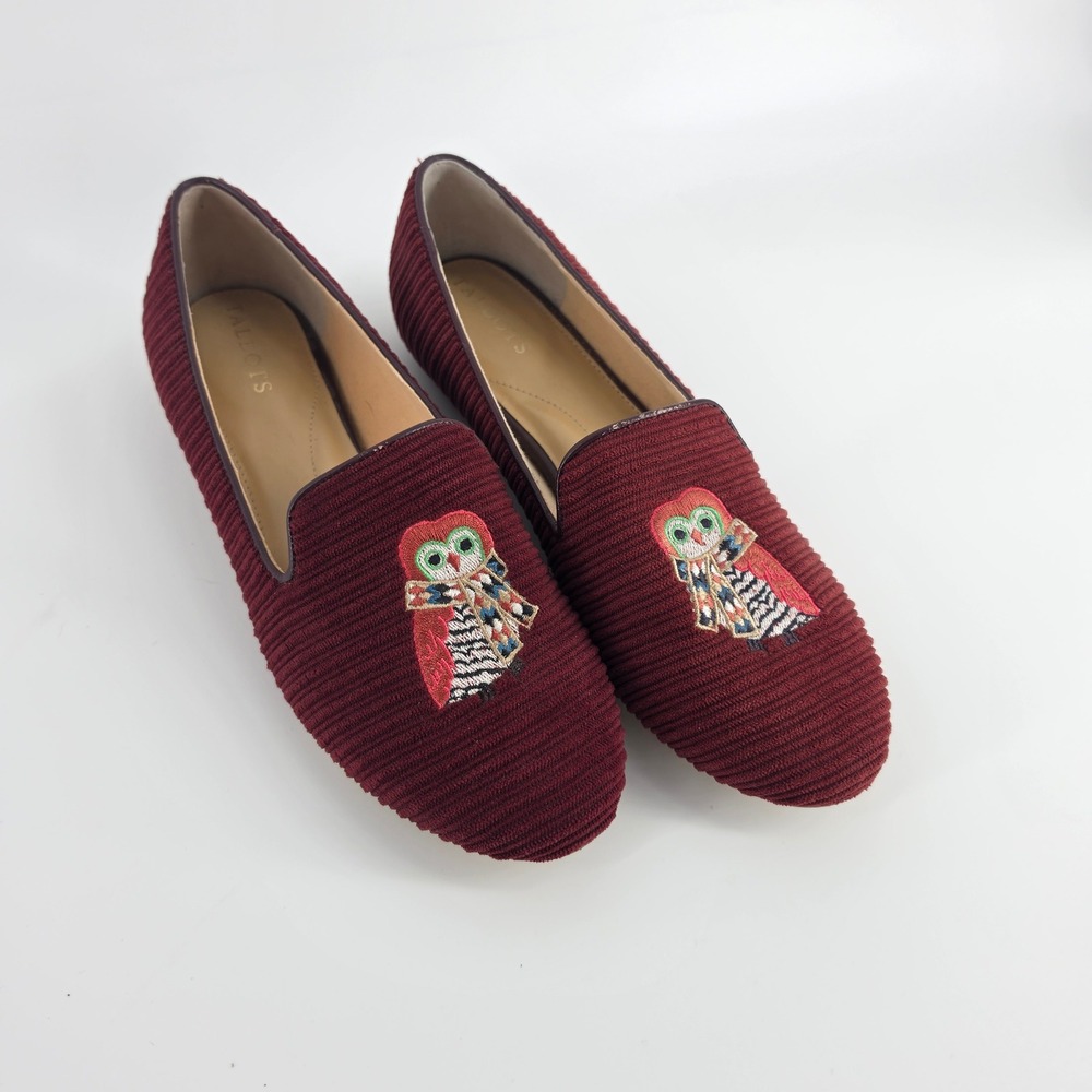 Talbots Ryan Loafers 7.5M Burgundy Owl Embroidered Ribbed Smoking Flats Winter